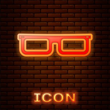 Parlayan neon gözlük simgesi tuğla duvar arka planında izole edilmiş. Gözlük çerçevesi sembolü. Vektör İllüstrasyonu
