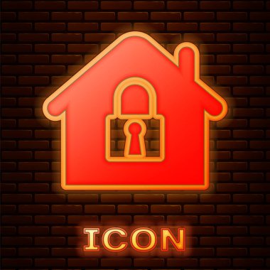 Tuğla duvar arka plan izole koruma simgesi altında Parlayan neon House. Eve ve kilitle. Koruma, güvenlik, güvenlik, koruma, savunma konsepti. Vektör İllüstrasyonu