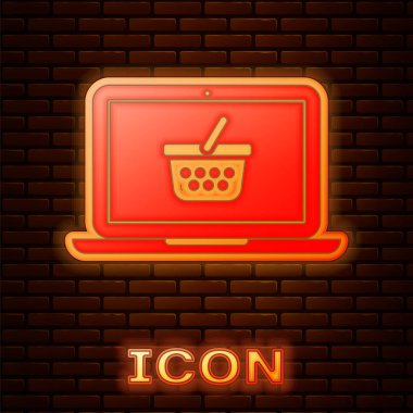 Ekran dizüstü bilgisayarındaki parlak neon alışveriş sepeti tuğla duvar arka planında izole edilmiş. Konsept e-ticaret, e-ticaret, online iş pazarlama. Vektör İllüstrasyonu