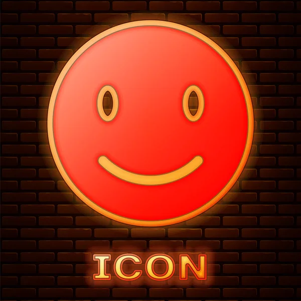 Brillante Neón Sonrisa Icono Cara Aislado Fondo Pared Ladrillo Emoticono — Vector de stock