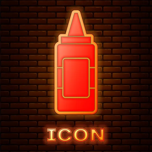 レンガの壁の背景に隔離された輝くネオンマスタードボトルのアイコン ベクトルイラストレーション — ストックベクタ
