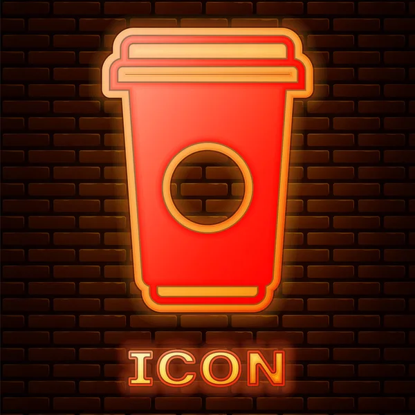Glowing Neon Coffee Cup Icon Isolated Brick Wall Background Disposable — Stock Vector