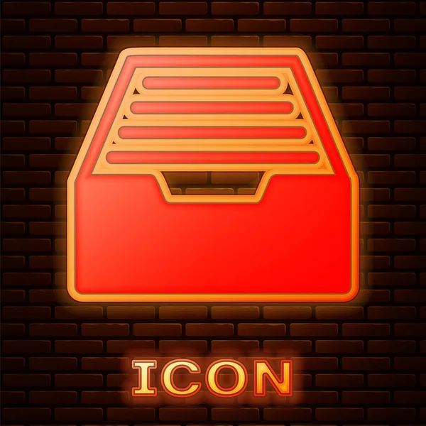Glowing Neon Drawer Documents Icon Isolated Brick Wall Background Archive — Stock Vector