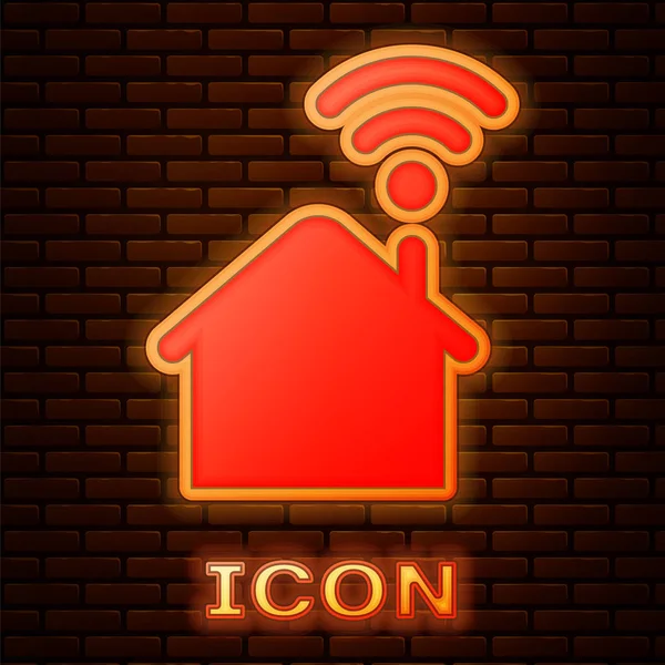 Leuchtende Neon Smart Home Mit Symbol Isoliert Auf Backsteinwand Hintergrund — Stockvektor