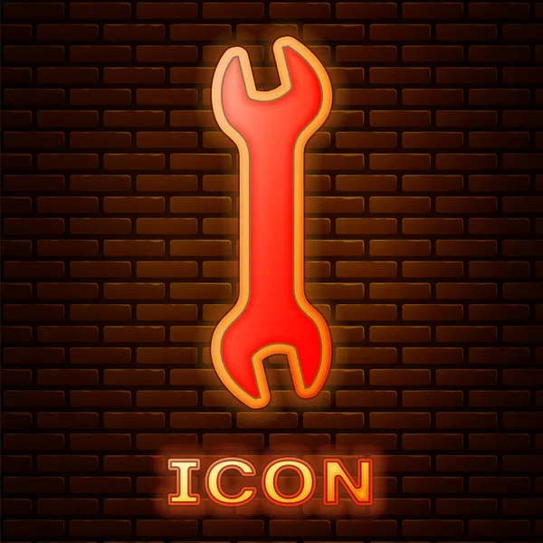 Glowing Neon Wrench Icon Isolated Brick Wall Background Spanner Repair — Stock Vector