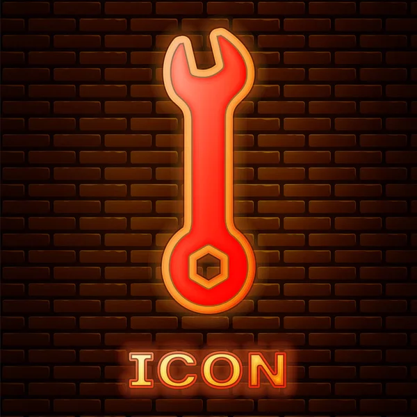 Leuchtende Neon Schraubenschlüssel Symbol Isoliert Auf Backsteinwand Hintergrund Schlüsselreparaturwerkzeug Service — Stockvektor