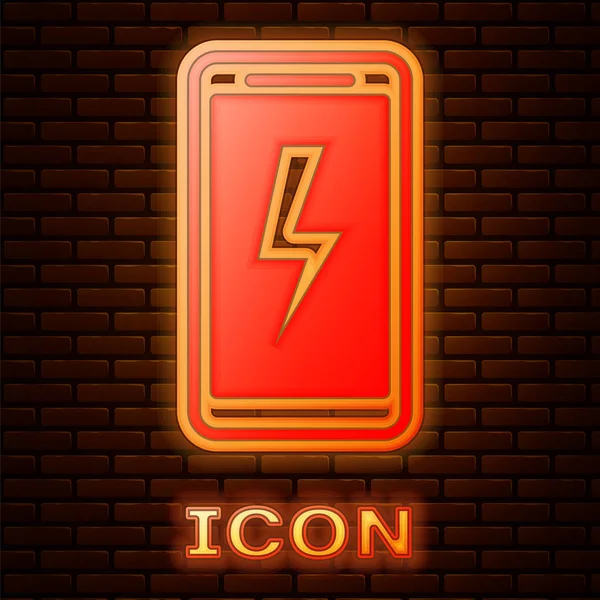 Leuchtendes Neon Smartphone Ladeakku Symbol Isoliert Auf Ziegelwand Hintergrund Telefon — Stockvektor