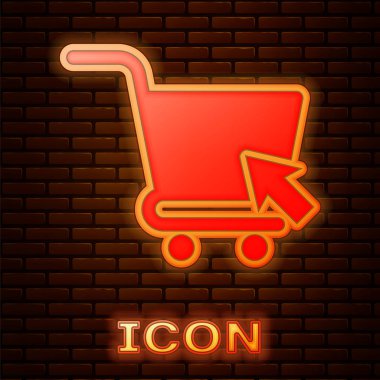 Tuğla duvar arka planda izole imleç simgesi ile Parlayan neon Alışveriş sepeti. Online satın alma konsepti. Teslimat hizmeti işareti. Süpermarket sepeti sembolü. Vektör İllüstrasyonu