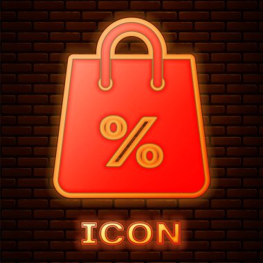 Tuğla duvar arka planda izole bir yazıt yüzde indirim simgesi ile Parlayan neon Shoping çanta. Çanta tabelası. Kadın çantası simgesi. Kadın çanta tabelası. Vektör İllüstrasyonu