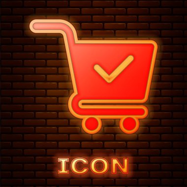 Tuğla duvar arka planda izole onay işareti simgesi ile Parlayan neon Alışveriş sepeti. Onaylı süpermarket sepeti, onaylamak, bitmiş, kene, tamamlanmış sembol. Vektör İllüstrasyonu