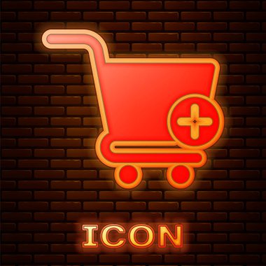 Işıldayan neon ekleme alışveriş arabası simgesi tuğla duvar arka planında izole. İnternetten satın alma konsepti. Servis tabelası. Süpermarket sepeti sembolü. Vektör İllüstrasyonu