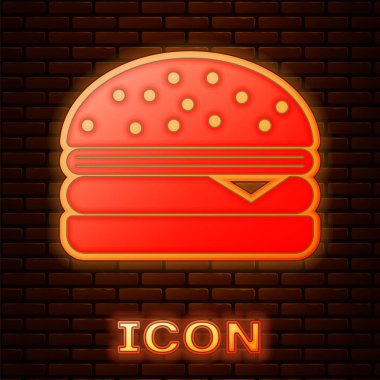 Parlayan neon Burger simgesi tuğla duvar arka plan izole. Hamburger simgesi. Cheeseburger sandviç işareti. Vektör İllüstrasyonu