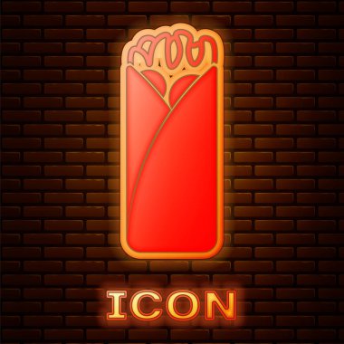 Parlayan neon Burrito simgesi tuğla duvar arka plan izole. Geleneksel Meksika fast food'u. Vektör İllüstrasyonu