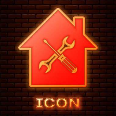 Parlayan Neon House veya ev tornavida ve anahtar simgesi tuğla duvar arka planda izole. Ayarlama, hizmet, ayarlama, bakım, onarım, sabitleme. Vektör Illustration