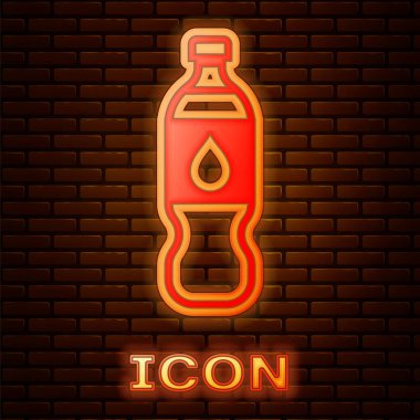 Işıldayan neon şişe su ikonu, tuğla duvar arkasında izole edilmiş. Soda su içme tabelası. Vektör İllüstrasyonu
