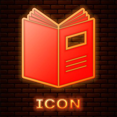 Parlayan neon açık kitap simgesi tuğla duvar arka planında izole edildi. Vektör İllüstrasyonu