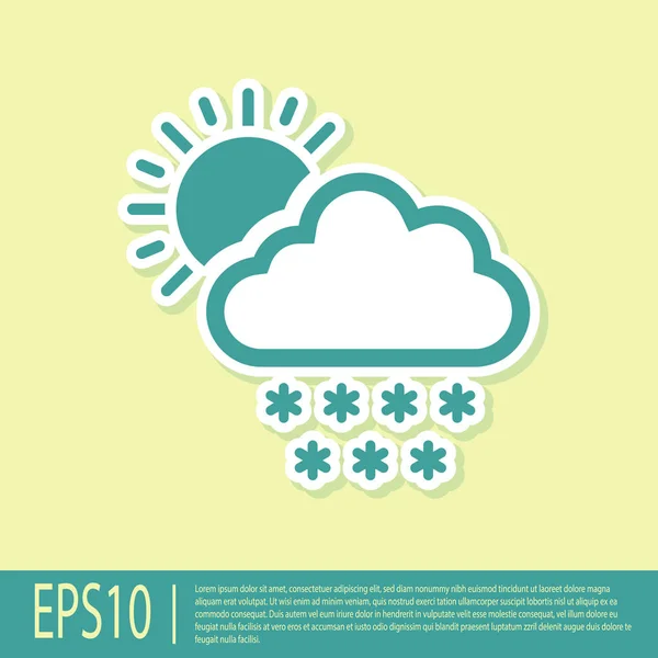 Green Cloud with snow and sun icon isolated on yellow background. Cloud with snowflakes. Single weather icon. Snowing sign.  Vector Illustration