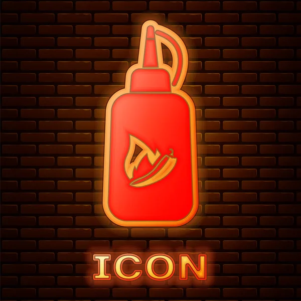 Icono Botella Ketchup Neón Brillante Aislado Fondo Pared Ladrillo Fuego — Vector de stock