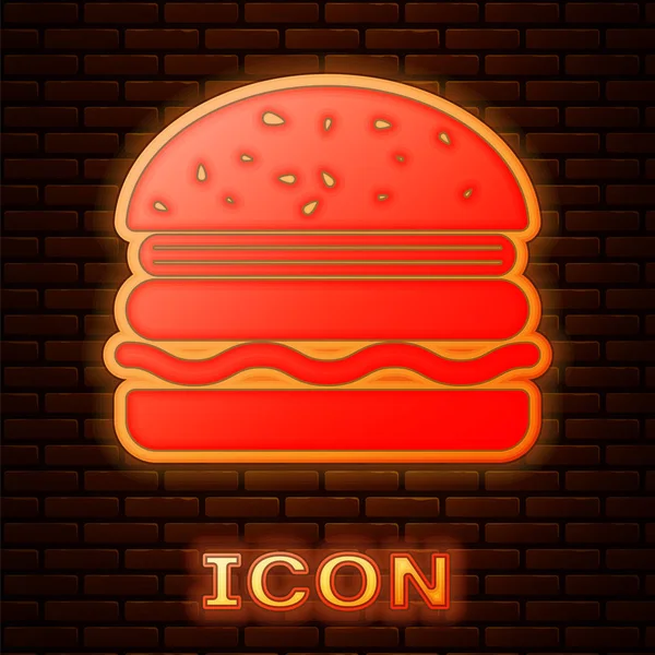 Parlayan neon Burger simgesi tuğla duvar arka plan izole. Hamburger simgesi. Cheeseburger sandviç işareti. Vektör İllüstrasyonu