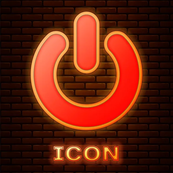 Glowing Neon Power Button Icon Isolated Brick Wall Background Start — ストックベクタ