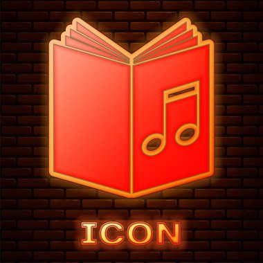 Parlak neon ses kitap simgesi tuğla duvar arka planda izole. Kitap ile müzik notu. Ses kılavuzu işareti. Online öğrenme konsepti. Vektör Illustration