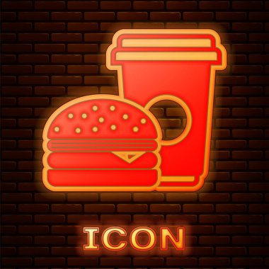 Parlayan neon Kahve ve burger simgesi tuğla duvar arka plan izole. Fast food sembolü. Vektör İllüstrasyonu