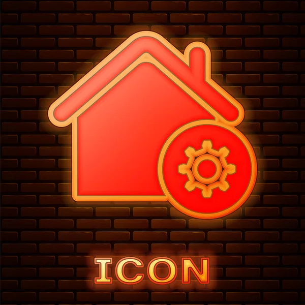 Zářivá Neonová Ikona Nastavení Domova Izolována Pozadí Cihlové Zdi Dálkové — Stockový vektor