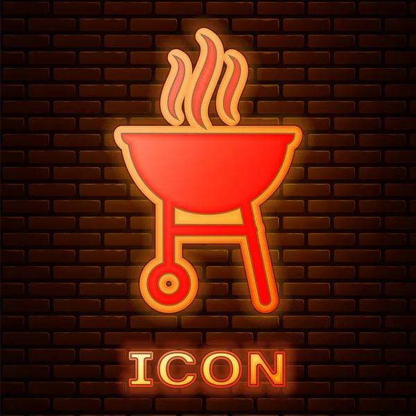 Leuchtende Neon Grill Symbol Isoliert Auf Ziegelwand Hintergrund Grillparty Vektorillustration — Stockvektor