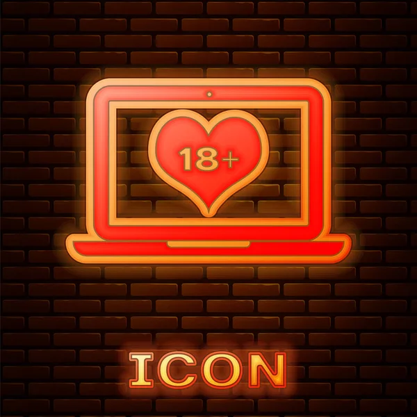 Glowing Neon Laptop Computer Content Heart Icon Isolated Brick Wall — Stock Vector