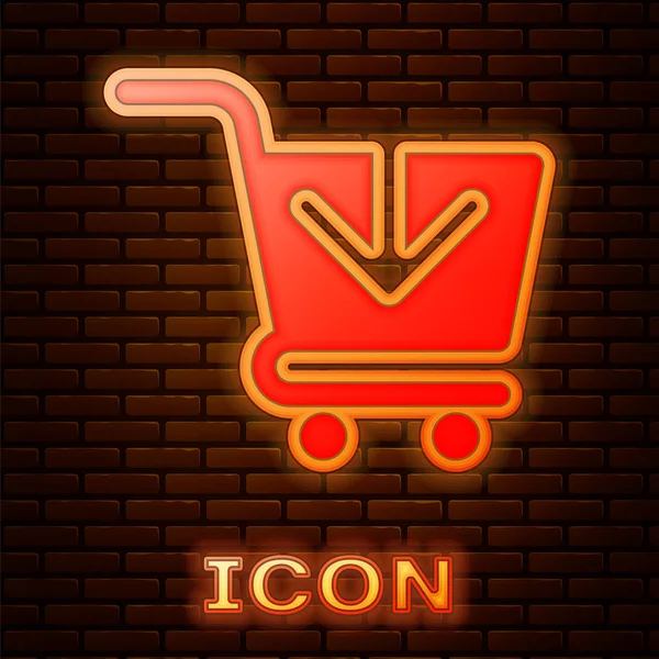 Işıldayan neon ekleme alışveriş arabası simgesi tuğla duvar arka planında izole. İnternetten satın alma konsepti. Servis tabelası. Süpermarket sepeti sembolü. Vektör İllüstrasyonu