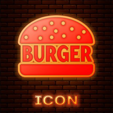 Parlayan neon Burger simgesi tuğla duvar arka plan izole. Hamburger simgesi. Cheeseburger sandviç işareti. Vektör İllüstrasyonu