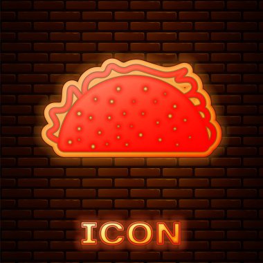 Tuğla duvar arka plan izole tortilla simgesi ile Parlayan neon Taco. Geleneksel Meksika fast food'u. Vektör İllüstrasyonu