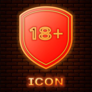 Tuğla duvar arka planda izole yazıt 18 artı simgesi ile parlayan Neon Shield. Yalnızca yetişkinler için içerik. Koruma, emniyet, güvenlik, kavramı koruyun. Vektör Illustration