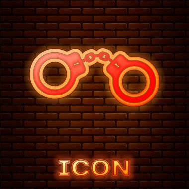Glowing neon Handcuffs icon isolated on brick wall background.  Vector Illustration clipart