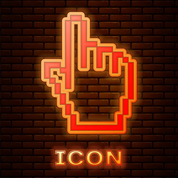 Leuchtende Neon Pixel Hand Cursor Symbol Isoliert Auf Backsteinwand Hintergrund — Stockvektor