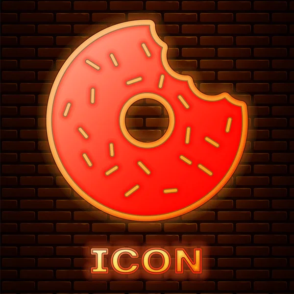 Świecące Neon Donut Słodką Glazury Ikonę Izolowane Tle Muru Ceglanego — Wektor stockowy