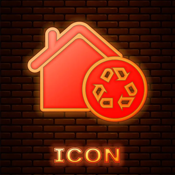 Glowing Neon Eco House Recycling Symbol Icon Isolated Brick Wall — Stock Vector