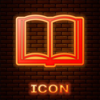 Parlayan neon açık kitap simgesi tuğla duvar arka planında izole edildi. Vektör İllüstrasyonu