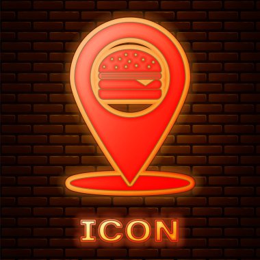 Tuğla duvar arka plan izole fast food burger simgesi ile Parlayan neon Harita işaretçisi. Vektör İllüstrasyonu