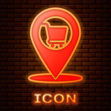 Tuğla duvar arka planda izole alışveriş sepeti simgesi ile Parlayan neon Harita işaretçisi. Pin point dükkanı ve alışveriş. Süpermarket sepeti sembolü. Vektör İllüstrasyonu