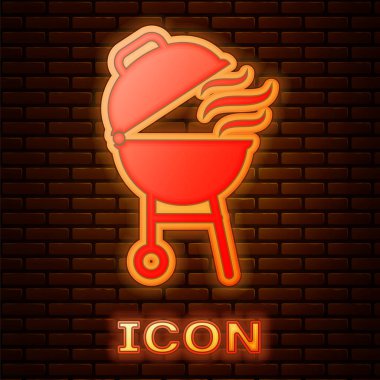 Parlayan neon barbekü ızgara ikonu tuğla duvar arka planında izole edilmiş. Barbekü ızgara partisi. Vektör İllüstrasyonu