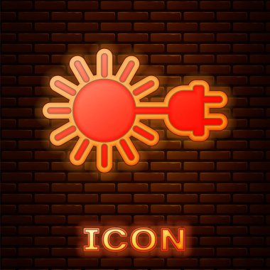 Tuğla duvar arka plan izole elektrikli fiş simgesi ile Parlayan neon Sun. Enerji tasarrufu kavramı. Vektör İllüstrasyonu