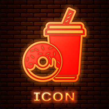 Tuğla duvar arka plan izole içme saman ve donut simgesi ile Parlayan neon Soda içki. Fast food sembolü. Vektör İllüstrasyonu