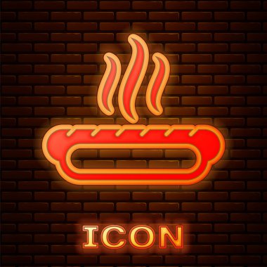 Tuğla duvar arka plan izole hardal simgesi ile Parlayan neon Hotdog sandviç. Sosis simgesi. Fast food işareti. Vektör İllüstrasyonu