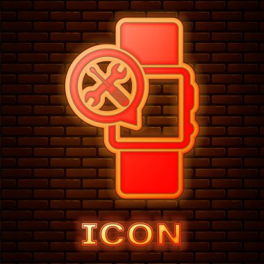 Tuğla duvar arka planda izole tornavida ve anahtar simgesi ile parlayan Neon SmartWatch. Ayarlama, hizmet, ayarlama, bakım, onarım, sabitleme. Vektör Illustration