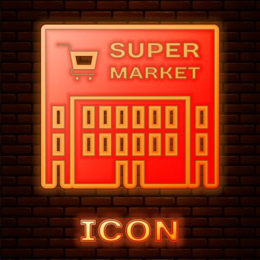 Tuğla duvar arka planda izole alışveriş sepeti simgesi ile parlayan Neon süpermarket binası. Alışveriş yapın ya da saklayın. Alışveriş Merkezi Binası. Vektör Illustration