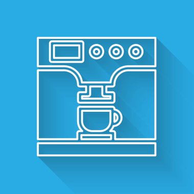 Beyaz çizgi kahve makinesi ve uzun gölgeli kahve fincanı ikonu. Vektör İllüstrasyonu