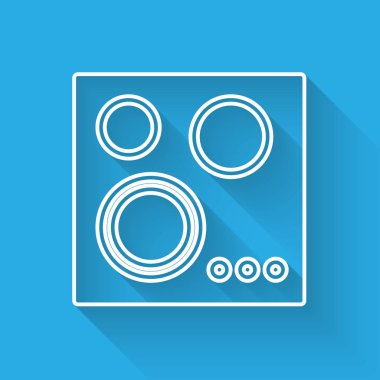 Beyaz çizgi gazlı soba ikonu uzun gölgeli izole edilmiş. Mutfak tabelaları. Dört daire ocağı olan bir hob. Vektör İllüstrasyonu