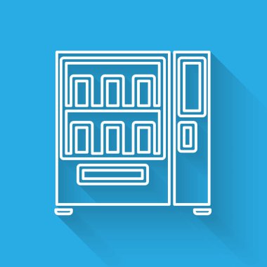 Gıda ve içecek otomatından oluşan beyaz çizgi otomatiği uzun gölgeli izole edilmiş ikon satıyor. Vektör İllüstrasyonu