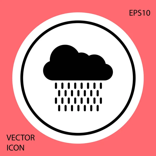 Black Cloud with rain icon isolated on red background. Rain cloud precipitation with rain drops. White circle button. Vector Illustration